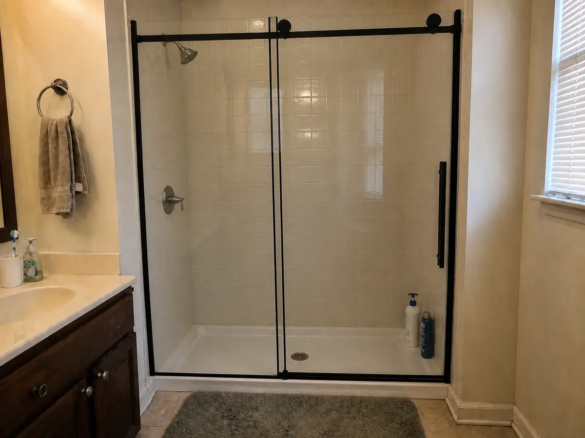 Bathroom after the update, with a black framed sliding glass shower door