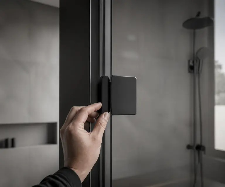 A shower-door hinge being carefully checked by hand