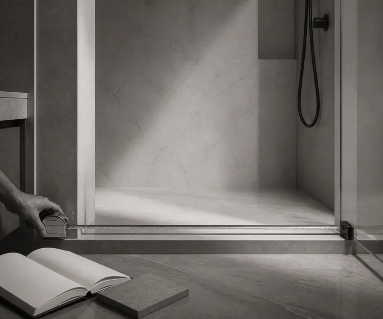 A shower opening being measured beside planning materials