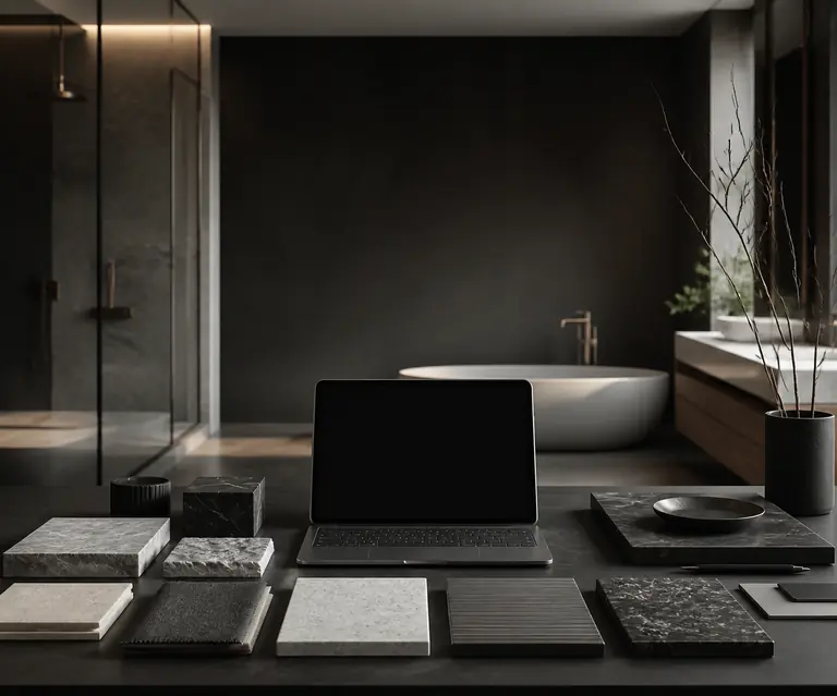 A bathroom design desk with material samples and a laptop