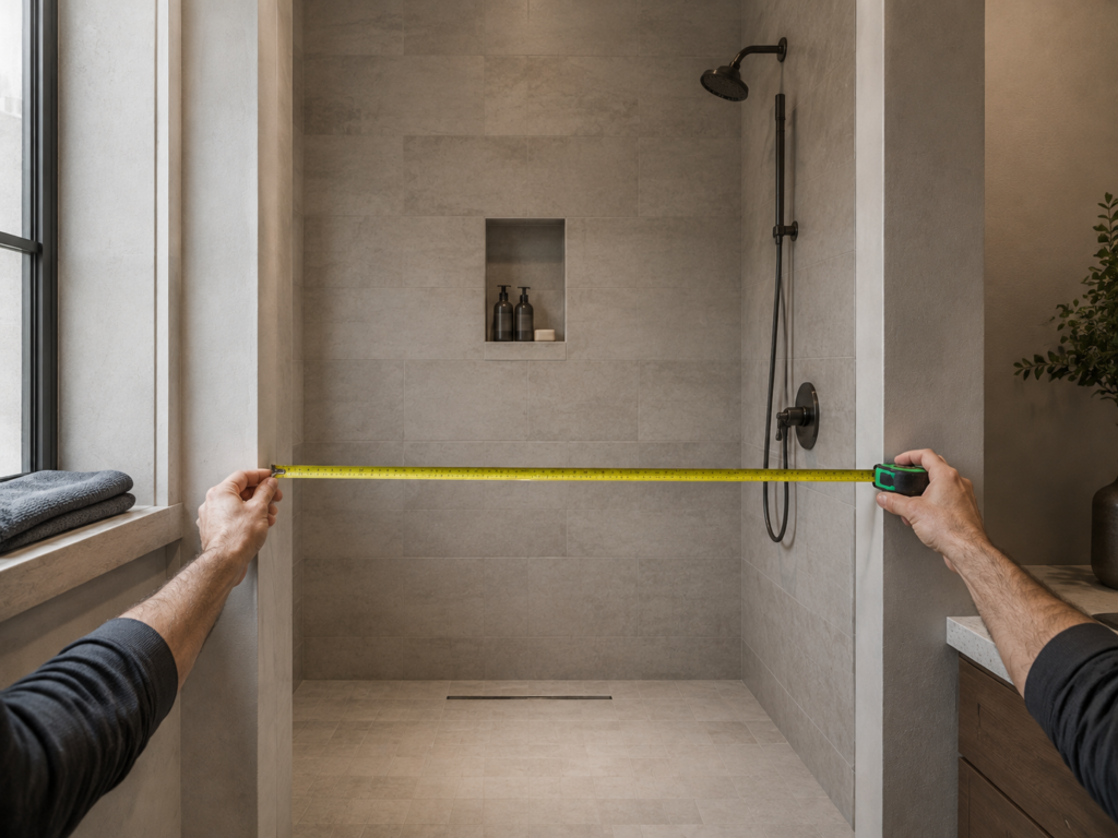 Measuring the finished width of a tiled shower opening with a tape measure
