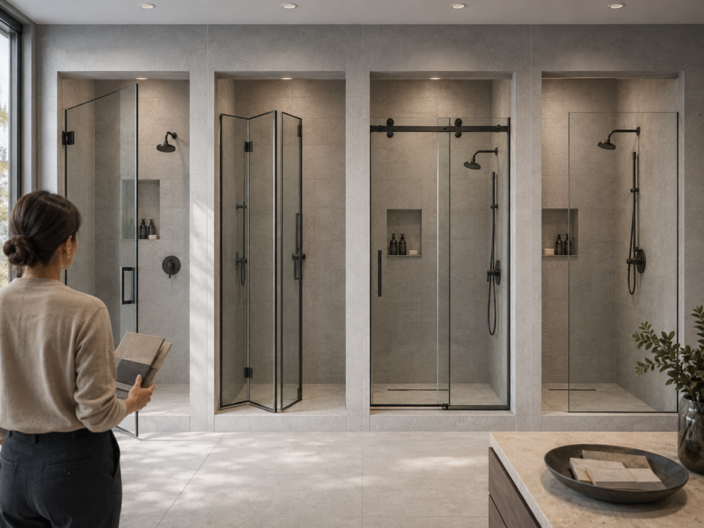 Person comparing pivot, bifold, sliding and fixed glass shower door styles