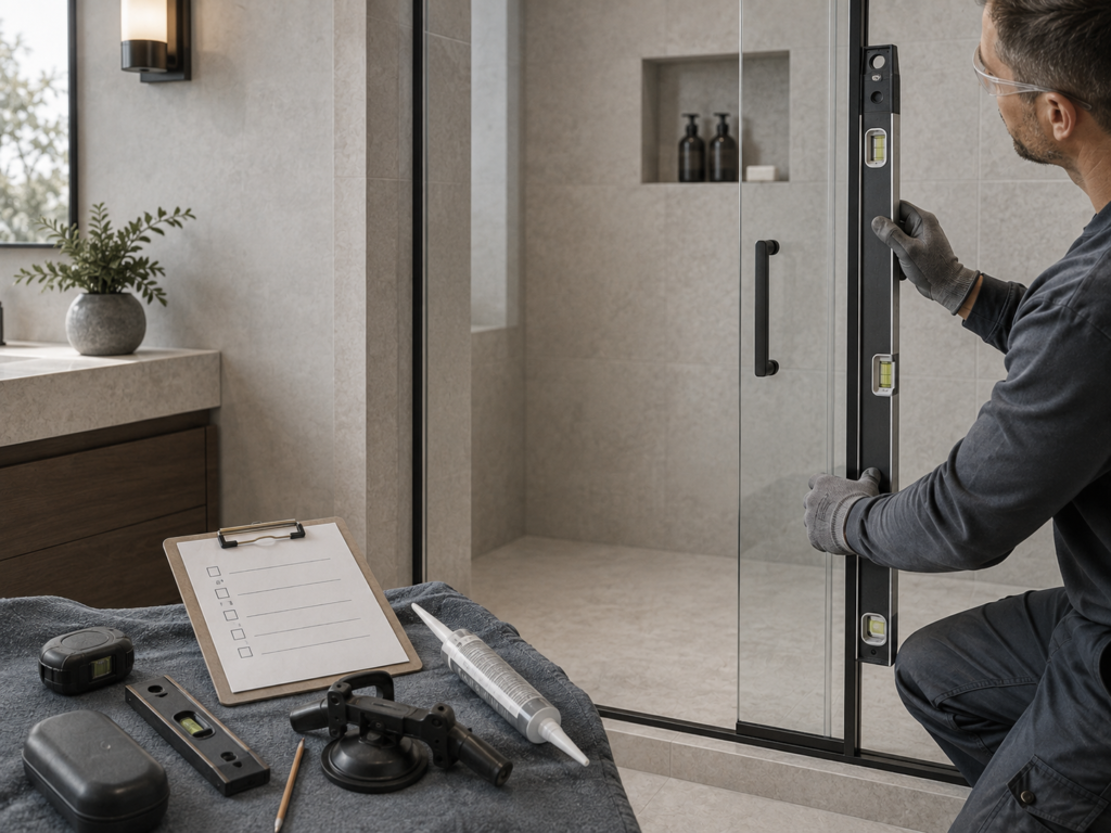 Installer checking a glass shower door frame with a level before installation