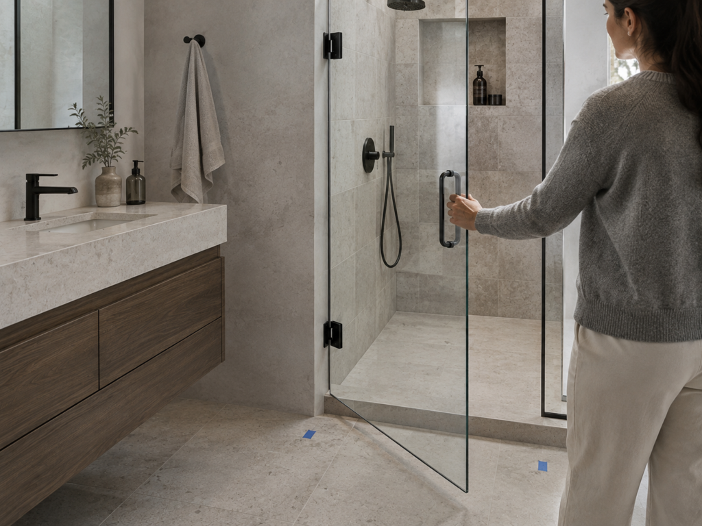 Person checking the outward swing clearance of a hinged glass shower door