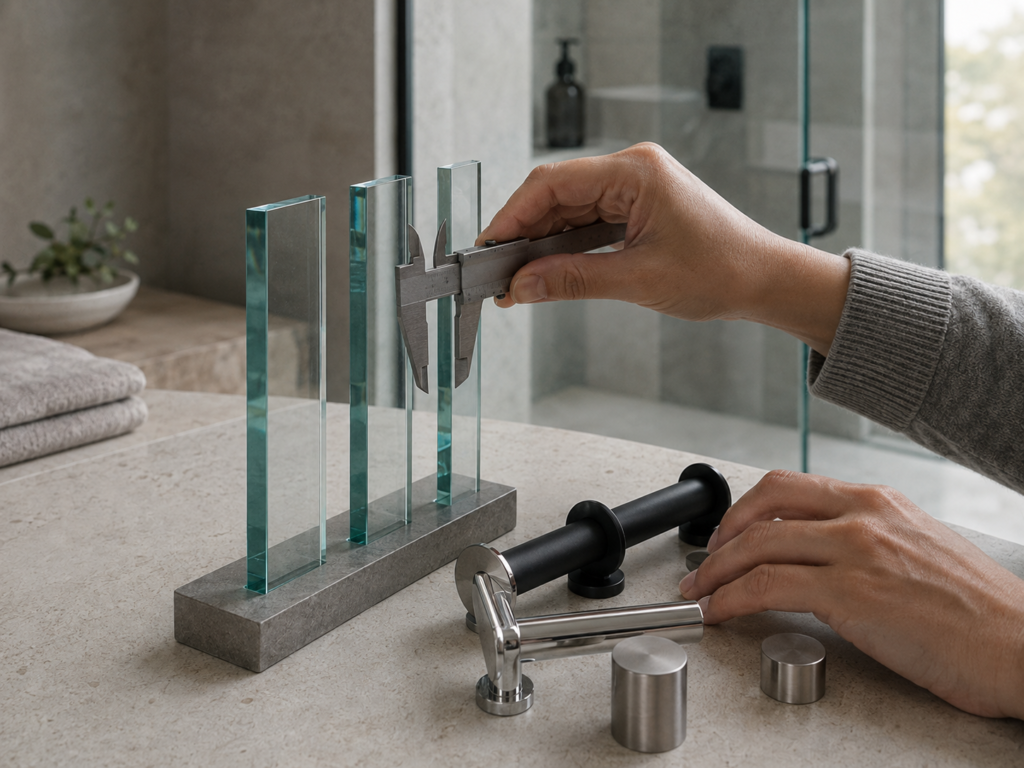 Comparing clear shower glass thicknesses and metal hardware finishes with a caliper