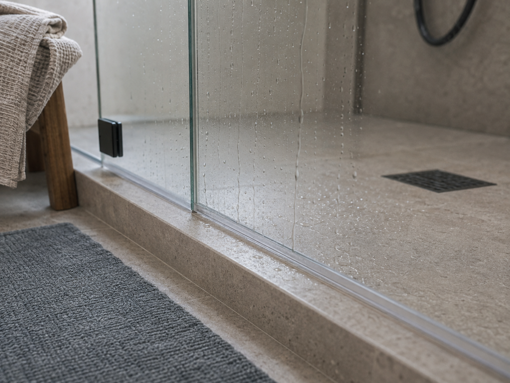 Water droplets along the bottom edge of a glass shower enclosure and threshold