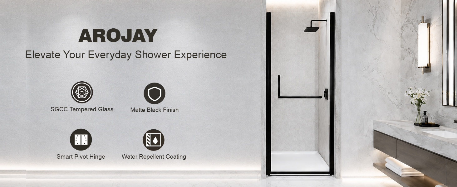 Semi-Frameless Pivot Shower Door with 1/4" Clear Tempered Glass, ARJ-P01-28-MB, detail image 1