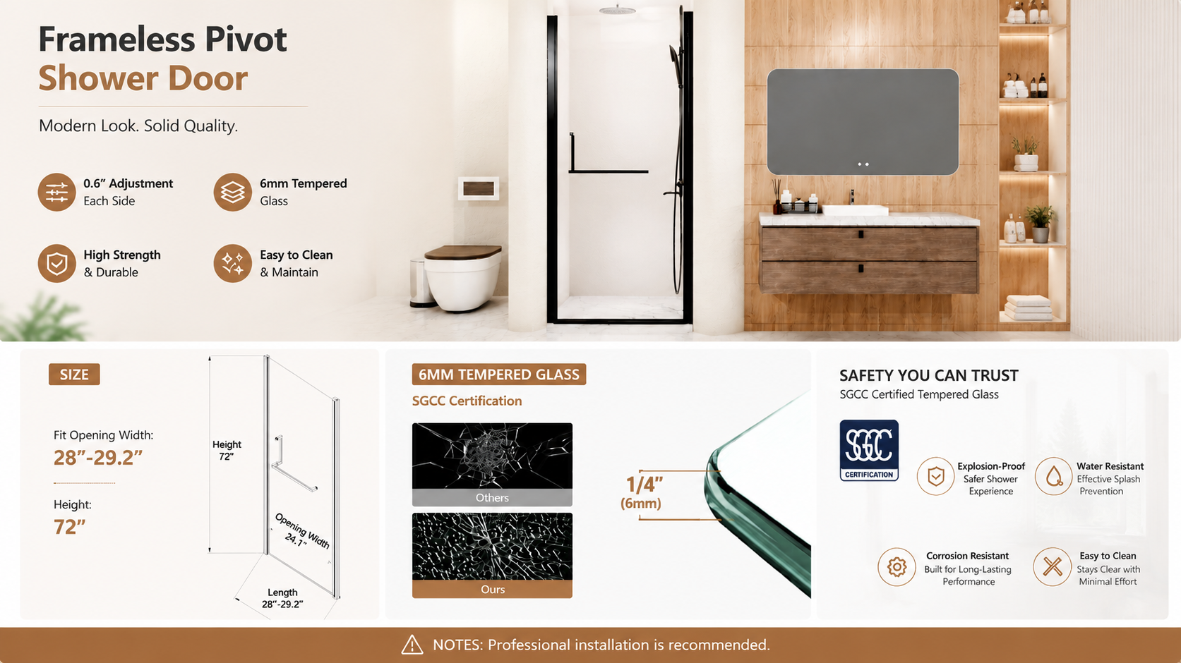Semi-Frameless Pivot Shower Door with 1/4" Clear Tempered Glass, ARJ-P01-28-MB, detail image 14