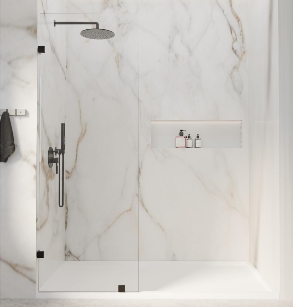 30" W x 72" H Frameless Fixed Shower Glass Panel with 3/8" Clear Tempered Glass in Matte Black, main product view