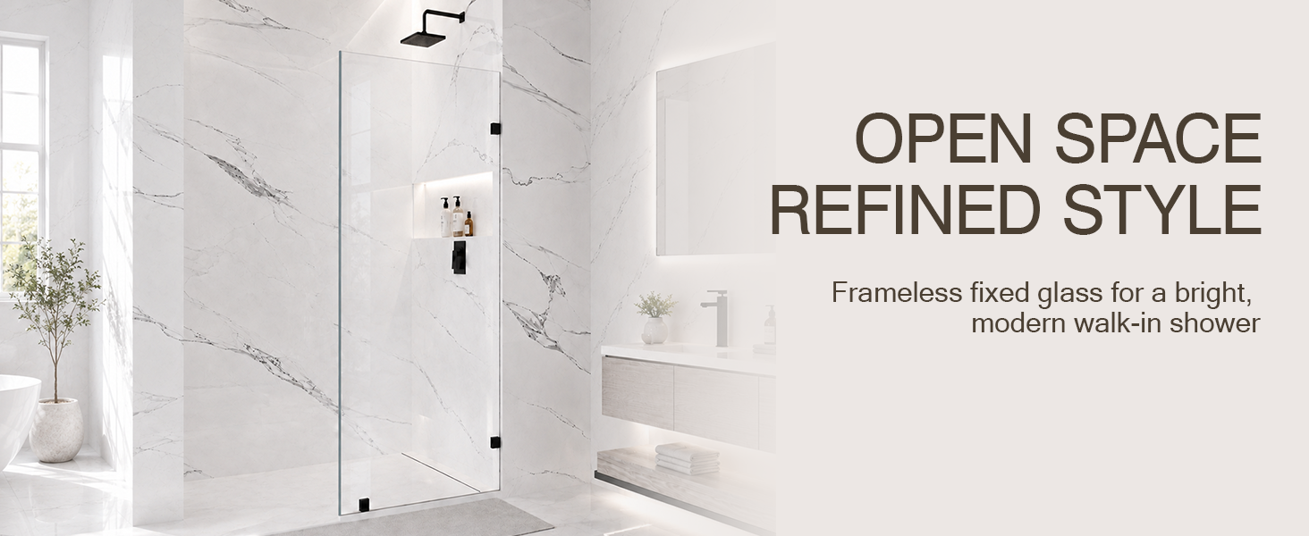 Frameless Fixed Shower Glass Panel with 3/8" Clear Tempered Glass, ARJ-W01-30-MB, detail image 1