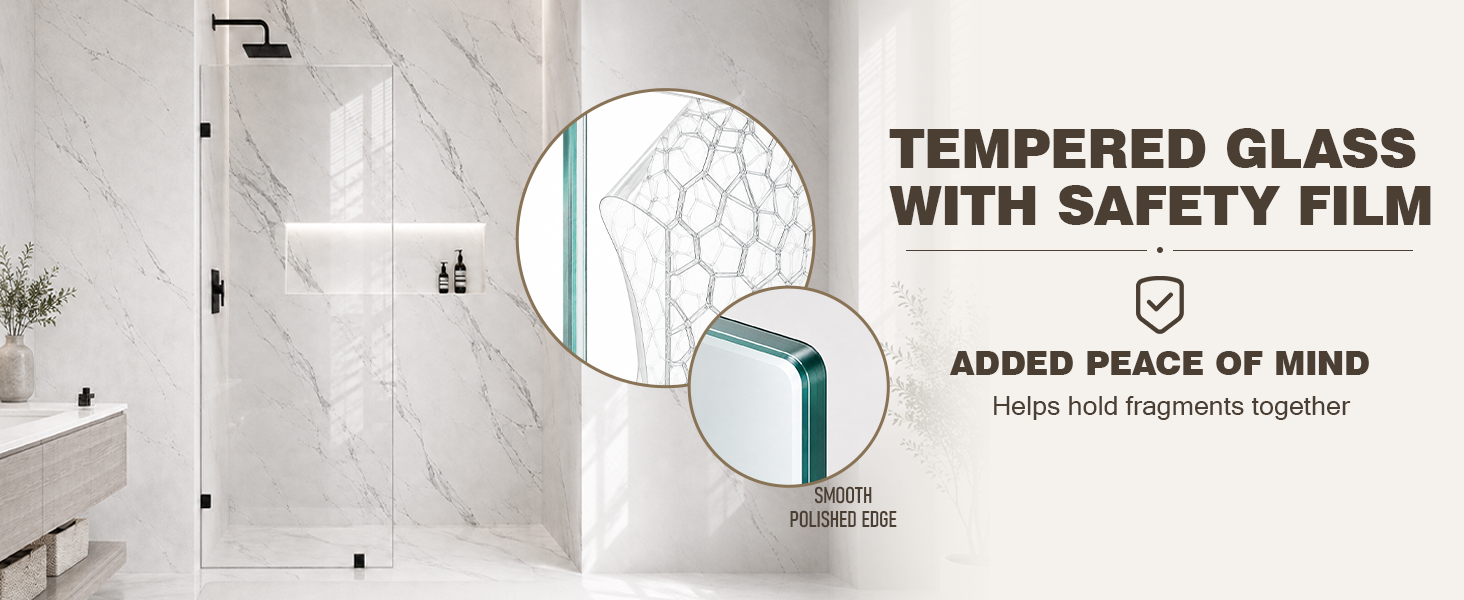 Frameless Fixed Shower Glass Panel with 3/8" Clear Tempered Glass, ARJ-W01-30-MB, detail image 7