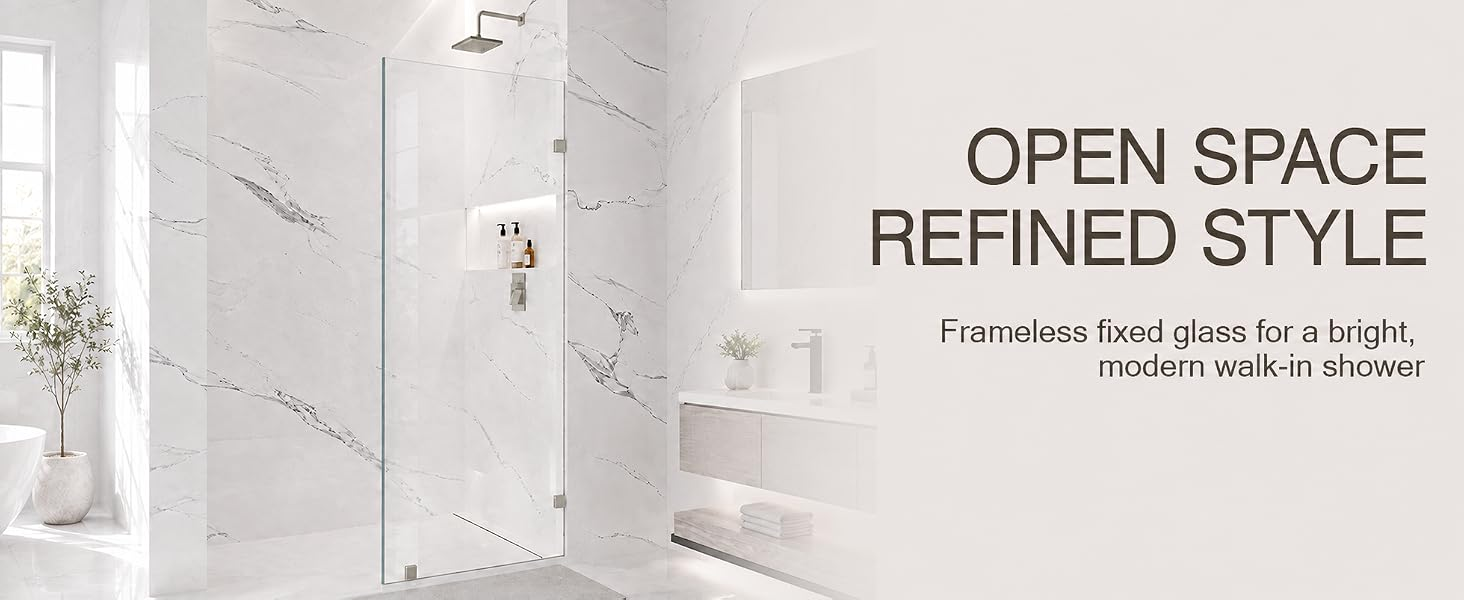 Frameless Fixed Shower Glass Panel with 3/8" Clear Tempered Glass, ARJ-W01-30-CH, detail image 1