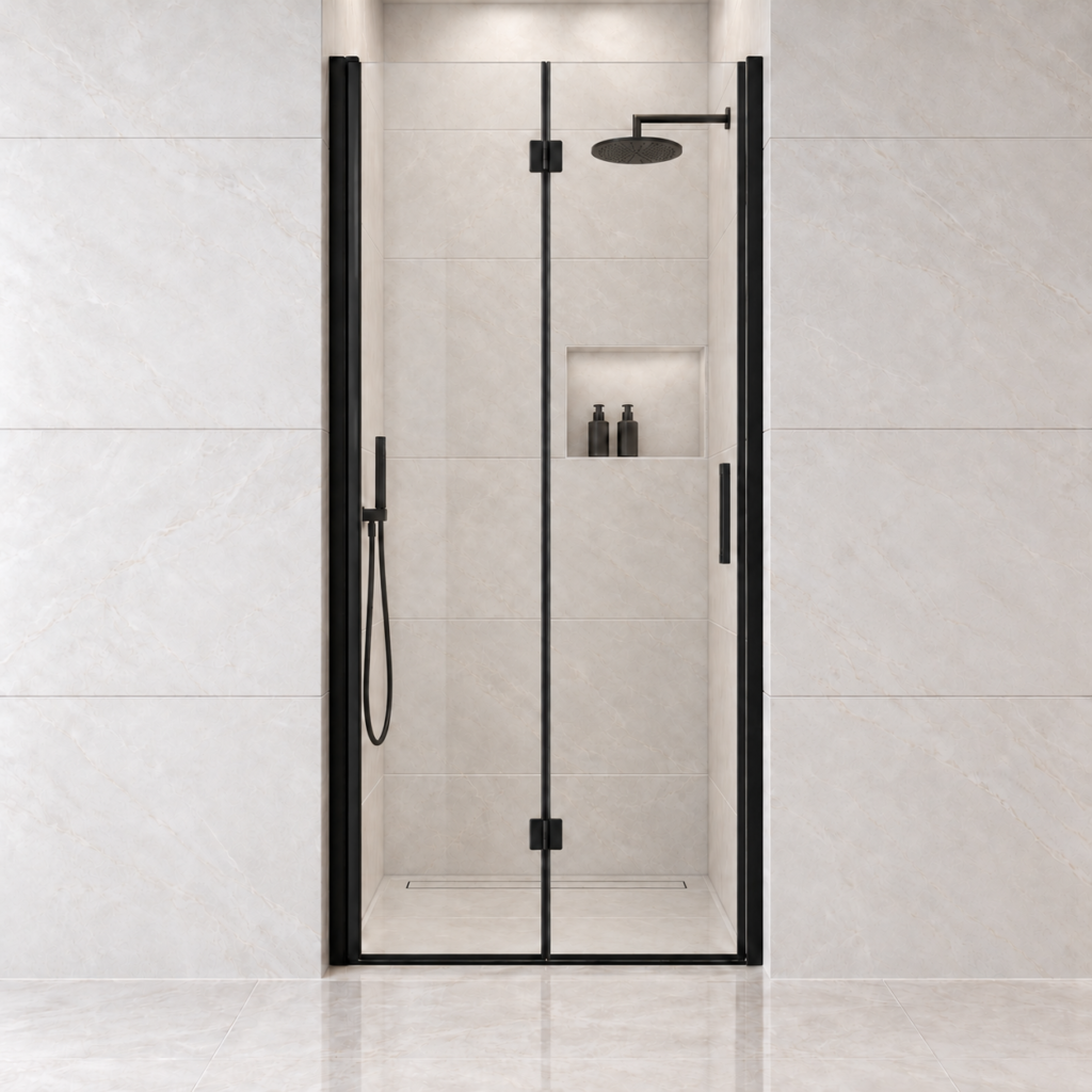 AROJAY frameless bifold pivot shower door in matte black, 32–33.2 inches wide by 72 inches high, clear tempered glass, closed front view