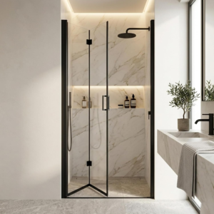 32–33.2" W x 72" H Frameless Bifold Pivot Shower Door with 1/4" Clear Tempered Glass in Matte Black, main product view