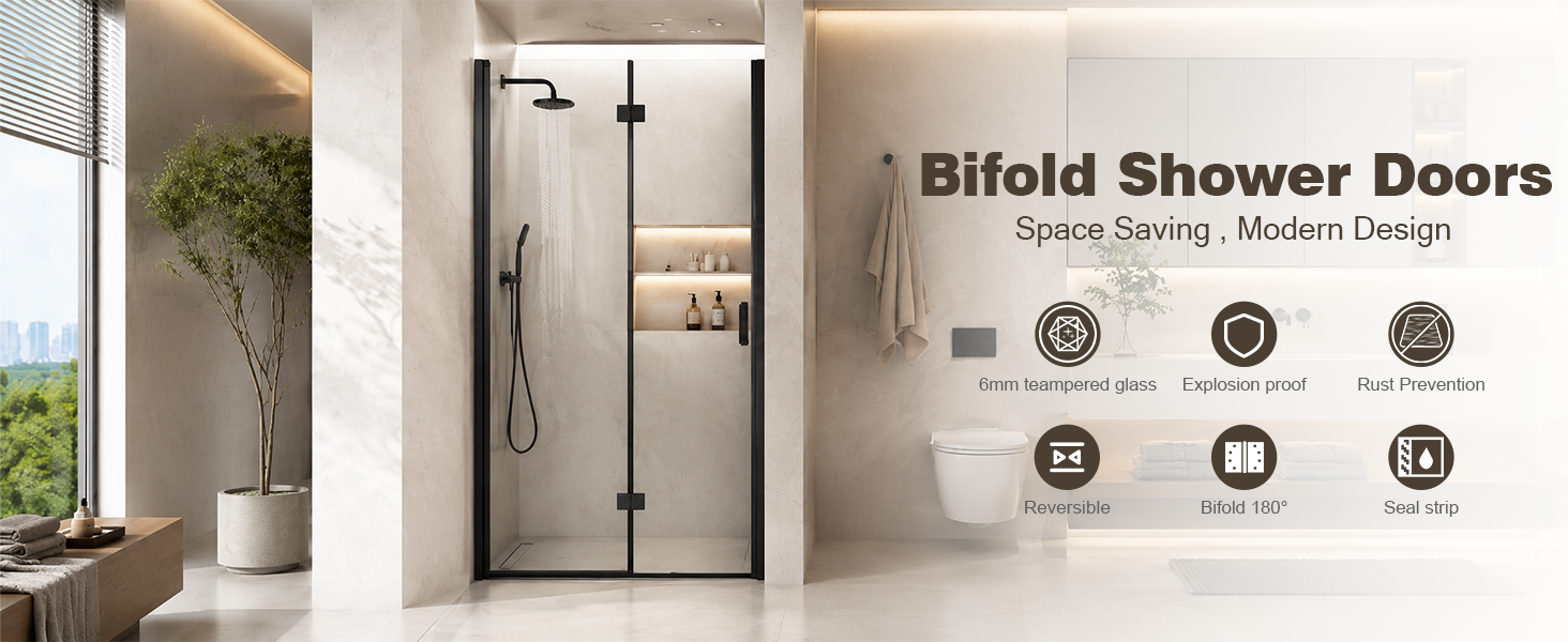 Frameless Bifold Pivot Shower Door with 1/4" Clear Tempered Glass, ARJ-P02-32-MB, detail image 1