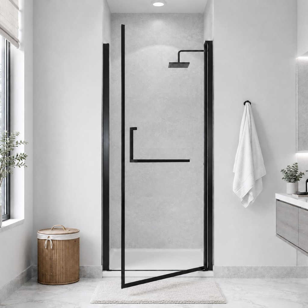 32–33.2" W x 72" H Semi-Frameless Pivot Shower Door with 1/4" Clear Tempered Glass in Matte Black, main product view