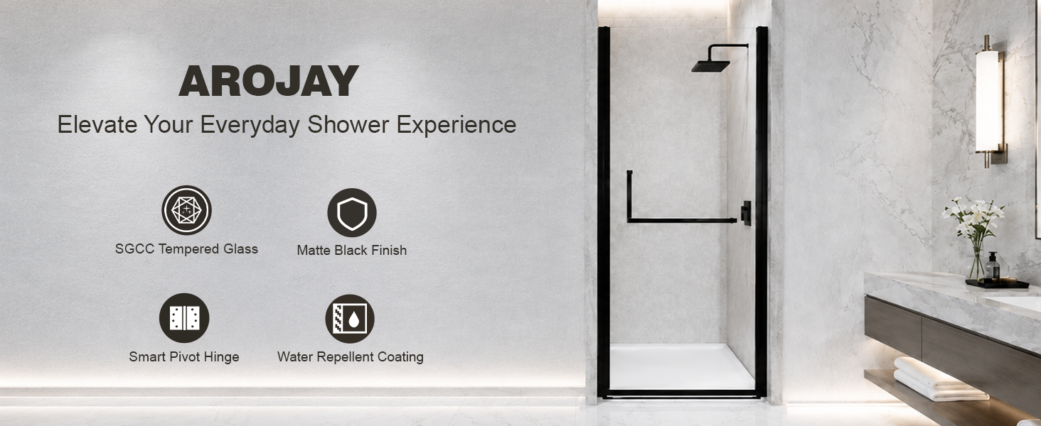 Semi-Frameless Pivot Shower Door with 1/4" Clear Tempered Glass, ARJ-P01-32-MB, detail image 1