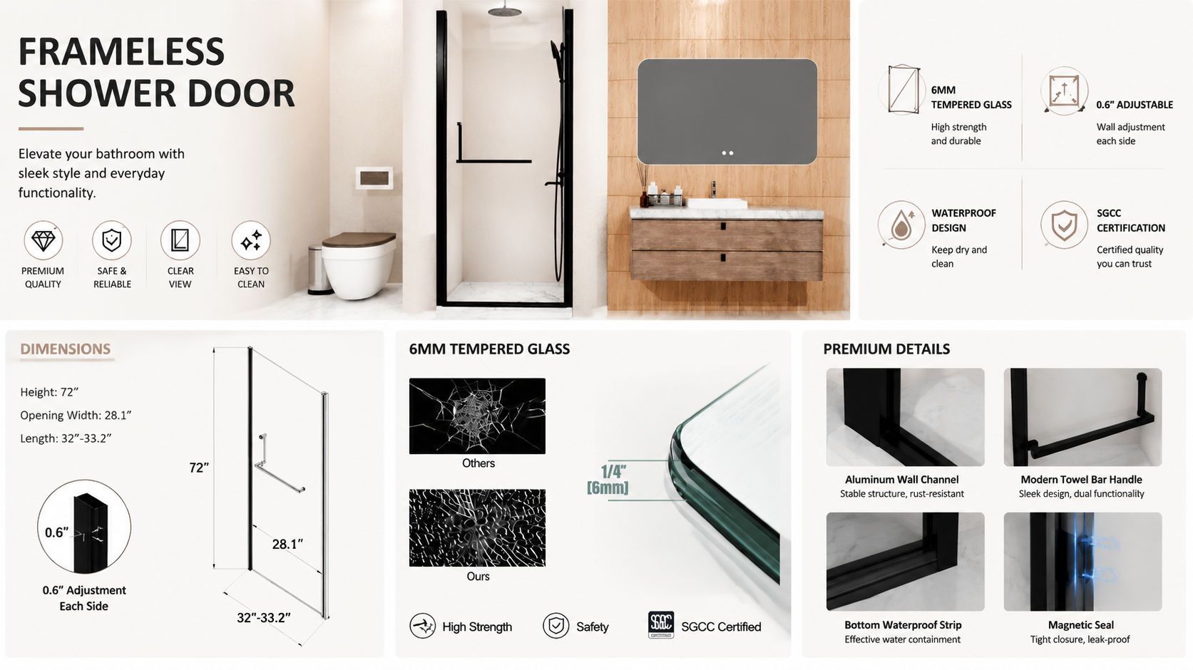 Semi-Frameless Pivot Shower Door with 1/4" Clear Tempered Glass, ARJ-P01-32-MB, detail image 14