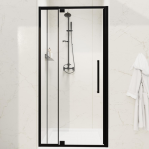 32–36" W x 72" H Semi-Frameless Hinged Shower Door with 1/4" Clear Tempered Glass in Matte Black, main product view