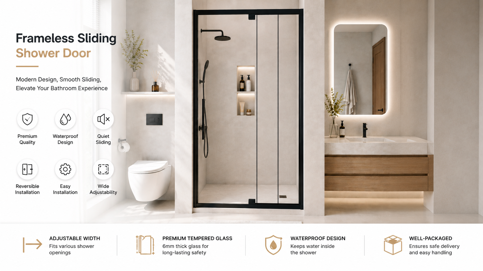 Semi-Frameless Hinged Shower Door with 1/4" Clear Tempered Glass, ARJ-J01-32-MB, detail image 2