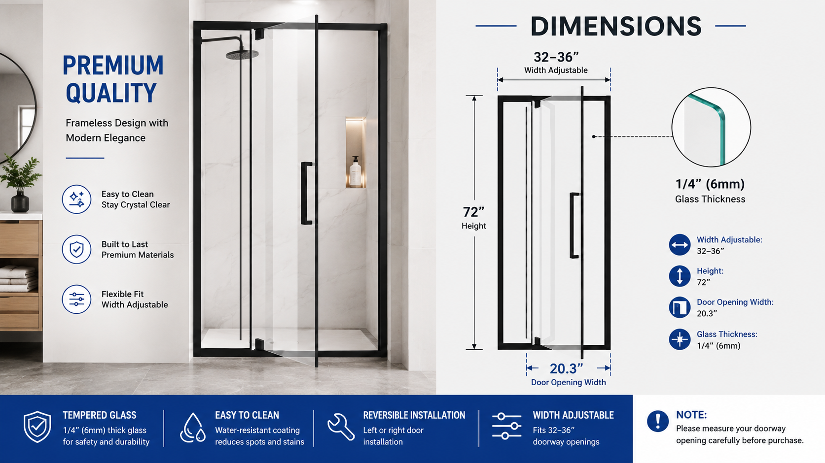 Semi-Frameless Hinged Shower Door with 1/4" Clear Tempered Glass, ARJ-J01-32-MB, detail image 3