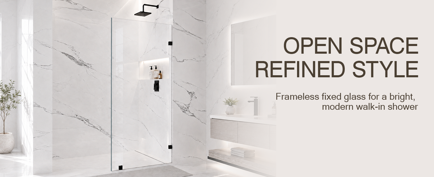 Frameless Fixed Shower Glass Panel with 3/8" Clear Tempered Glass, ARJ-W01-32-MB, detail image 1