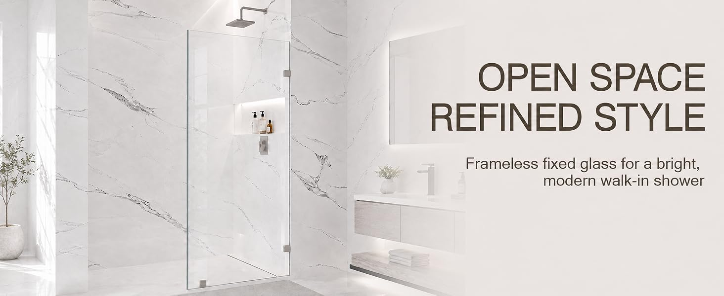 Frameless Fixed Shower Glass Panel with 3/8" Clear Tempered Glass, ARJ-W01-32-CH, detail image 1