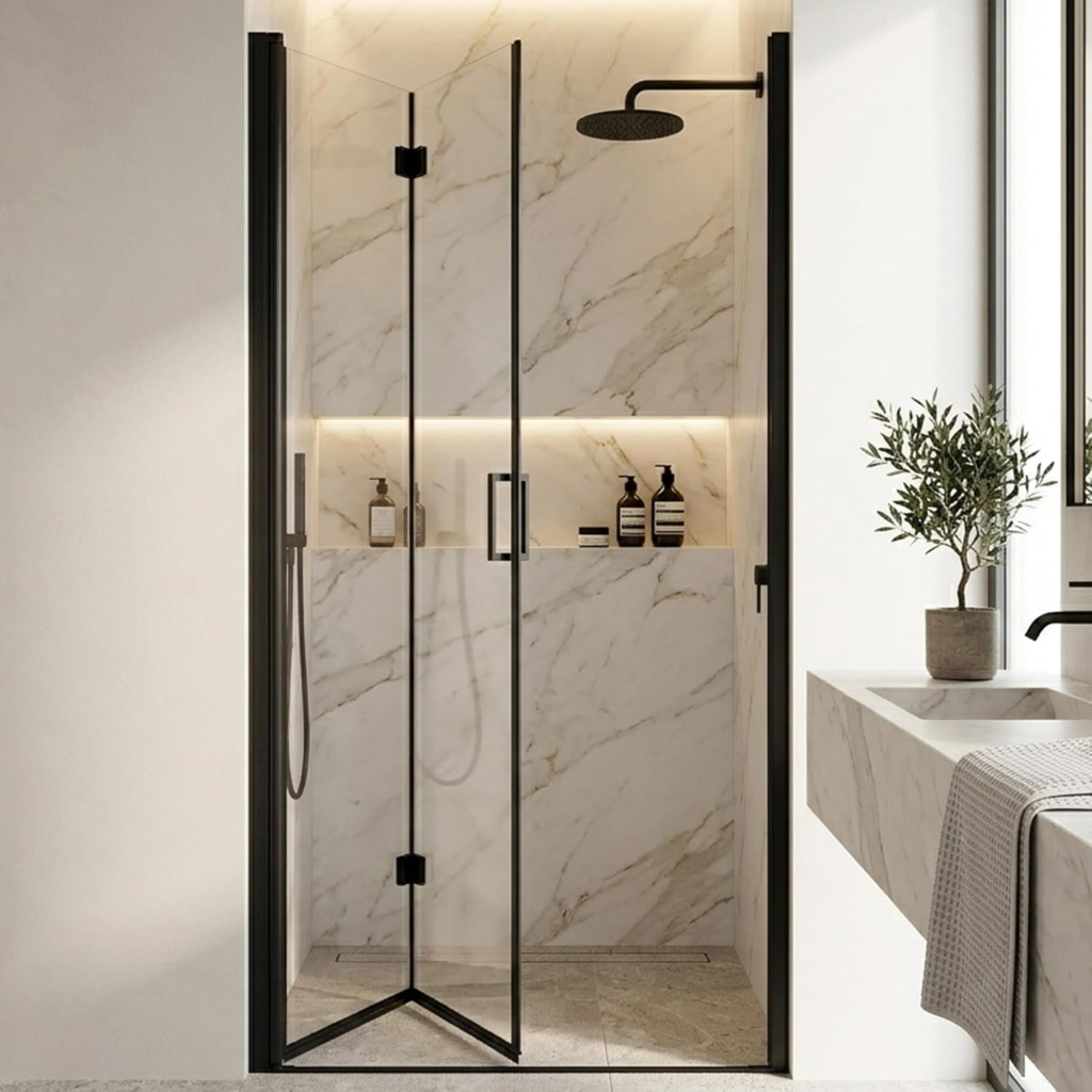 34–35.2" W x 72" H Frameless Bifold Pivot Shower Door with 1/4" Clear Tempered Glass in Matte Black, main product view