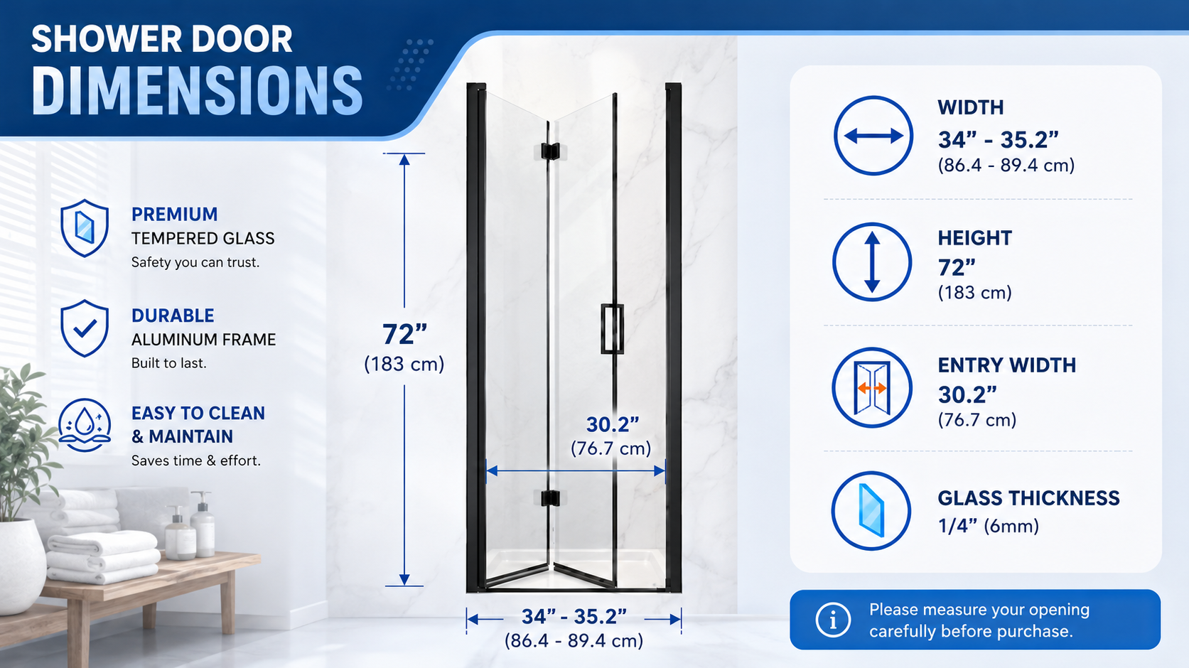 Frameless Bifold Pivot Shower Door with 1/4" Clear Tempered Glass, ARJ-P02-34-MB, detail image 4