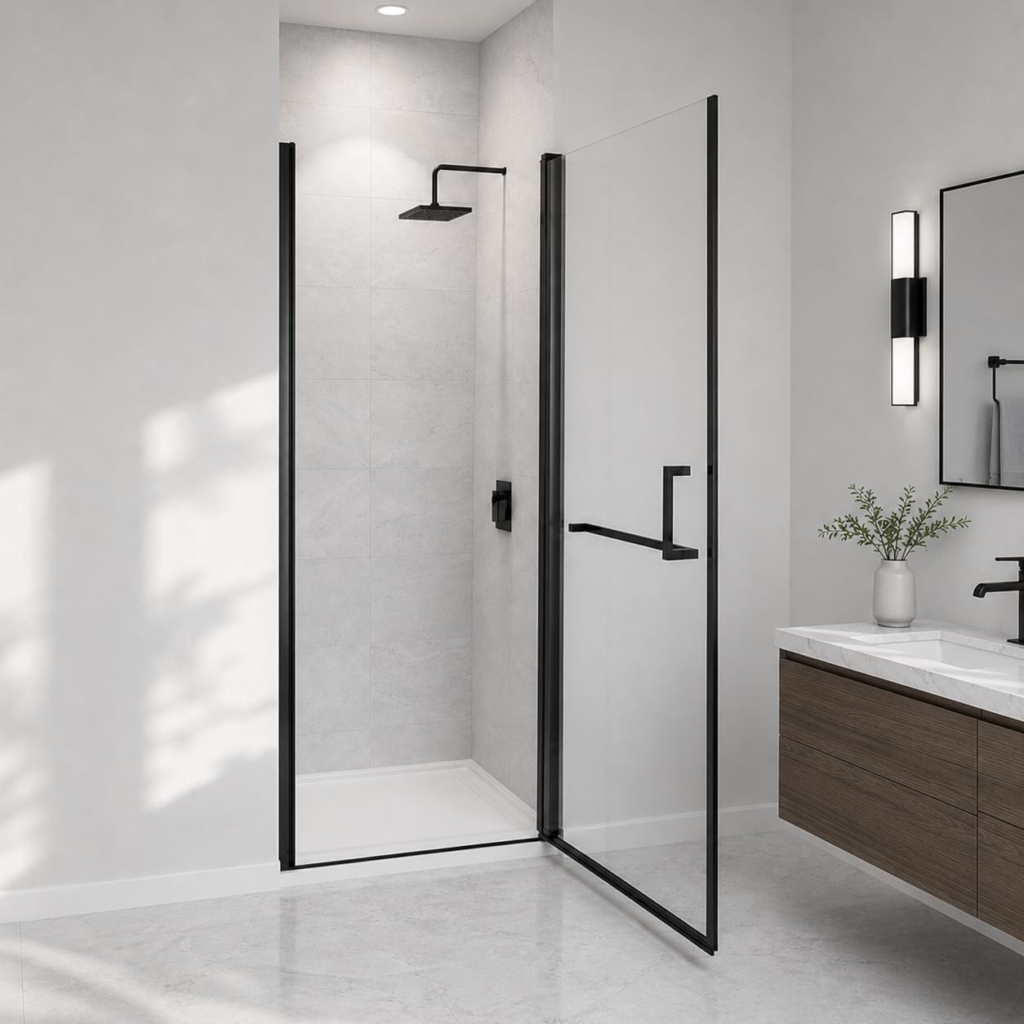 34–35.2" W x 72" H Semi-Frameless Pivot Shower Door with 1/4" Clear Tempered Glass in Matte Black, main product view