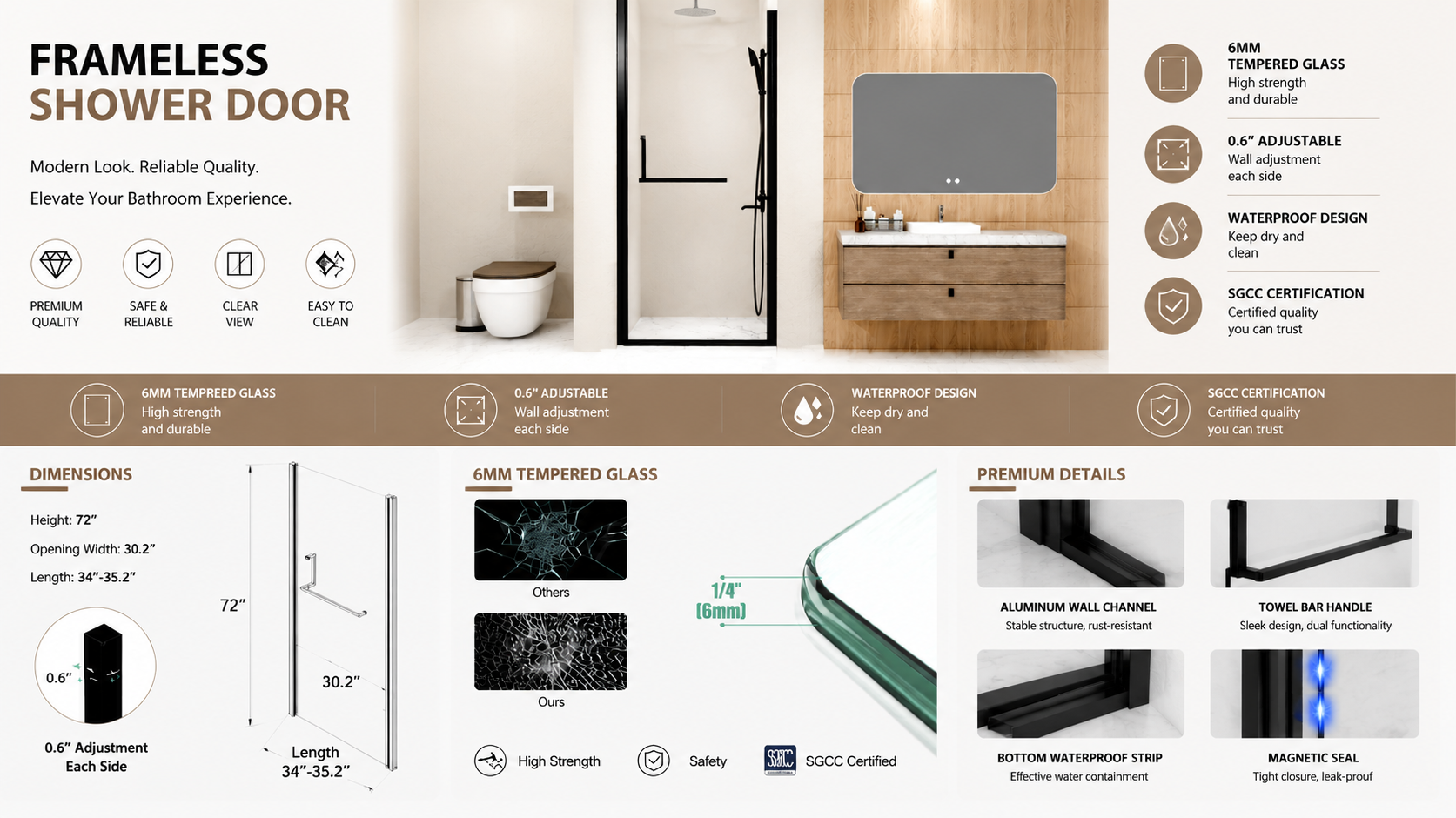 Semi-Frameless Pivot Shower Door with 1/4" Clear Tempered Glass, ARJ-P01-34-MB, detail image 3