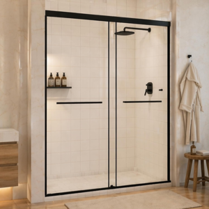 44–48" W x 72" H Semi-Frameless Double Sliding Shower Door with 1/4" Clear Tempered Glass, Matte Black Finish in Matte Black, main product view