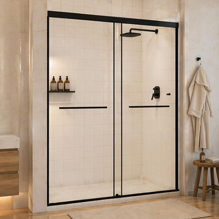 44–48" W x 72" H Semi-Frameless Double Sliding Shower Door with 1/4" Clear Tempered Glass, Matte Black Finish in Matte Black, main product view