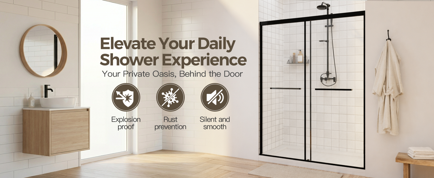 Semi-Frameless Double Sliding Shower Door with 1/4" Clear Tempered Glass, ARJ-S03-48-MB, detail image 1