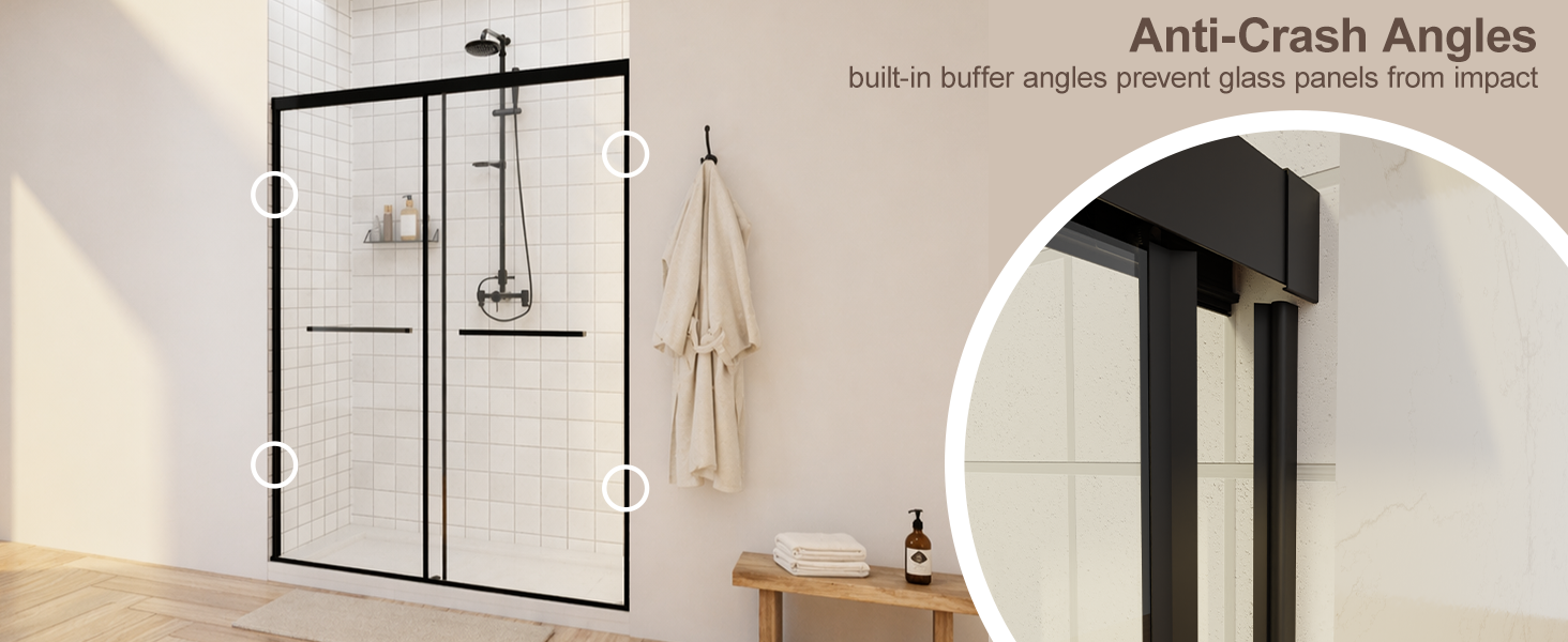 Semi-Frameless Double Sliding Shower Door with 1/4" Clear Tempered Glass, ARJ-S03-48-MB, detail image 9