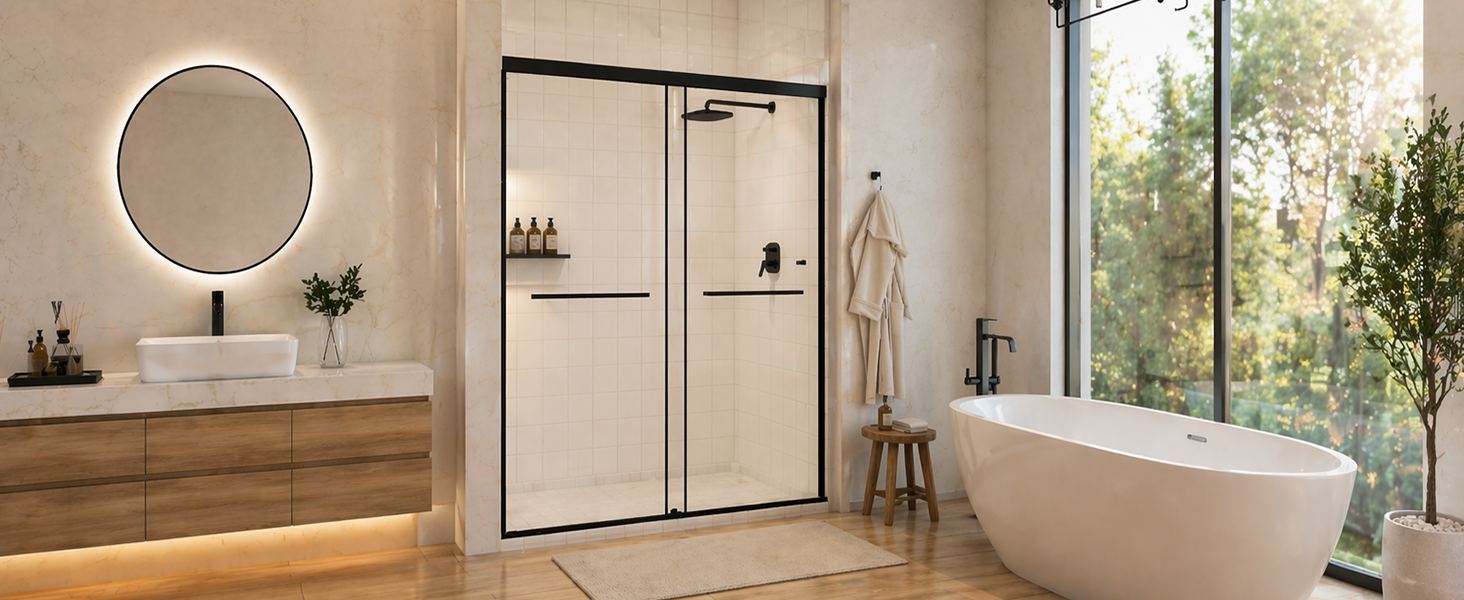 Semi-Frameless Double Sliding Shower Door with 1/4" Clear Tempered Glass, ARJ-S03-48-MB, detail image 11