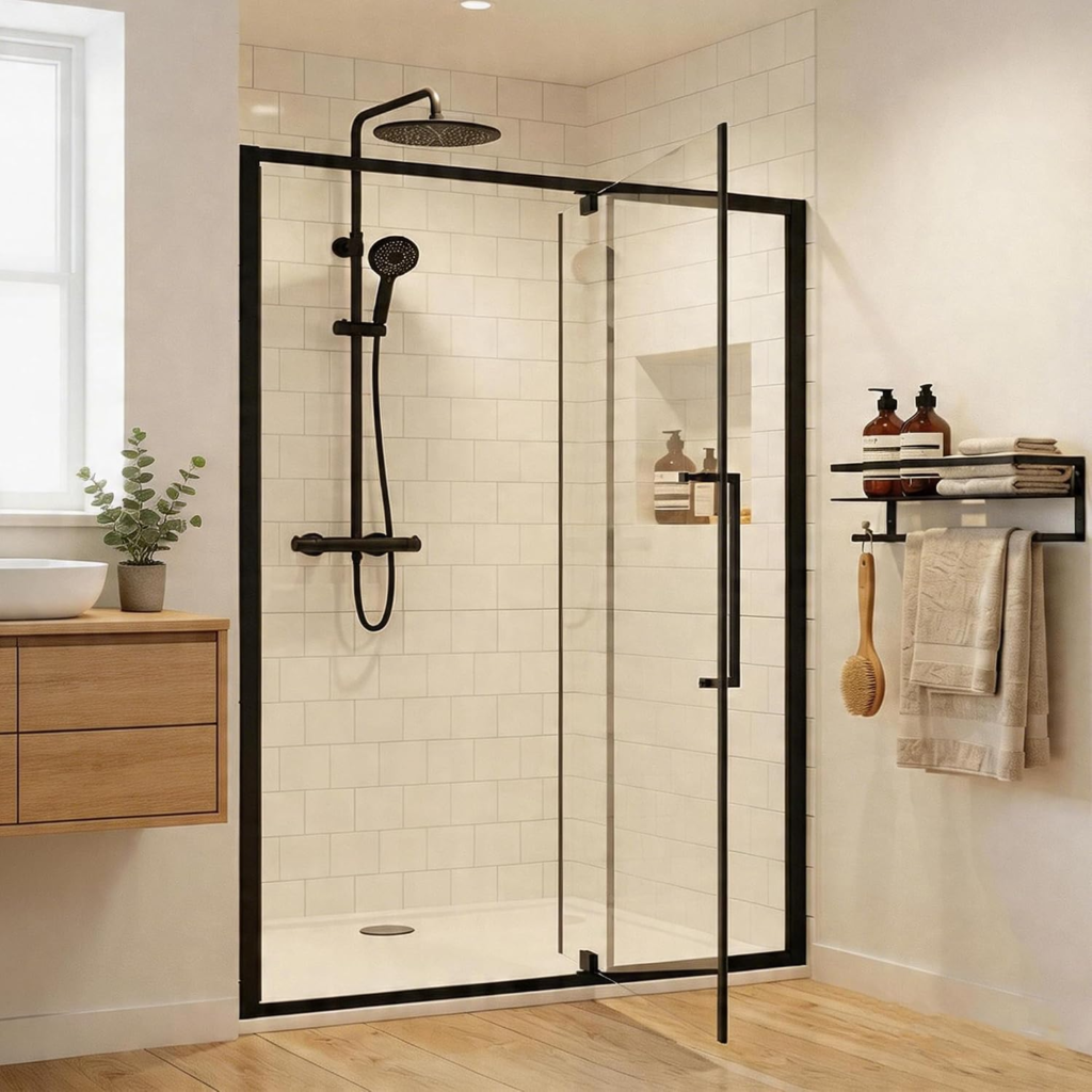44–48" W x 72" H Semi-Frameless Hinged Shower Door with 1/4" Clear Tempered Glass in Matte Black, main product view