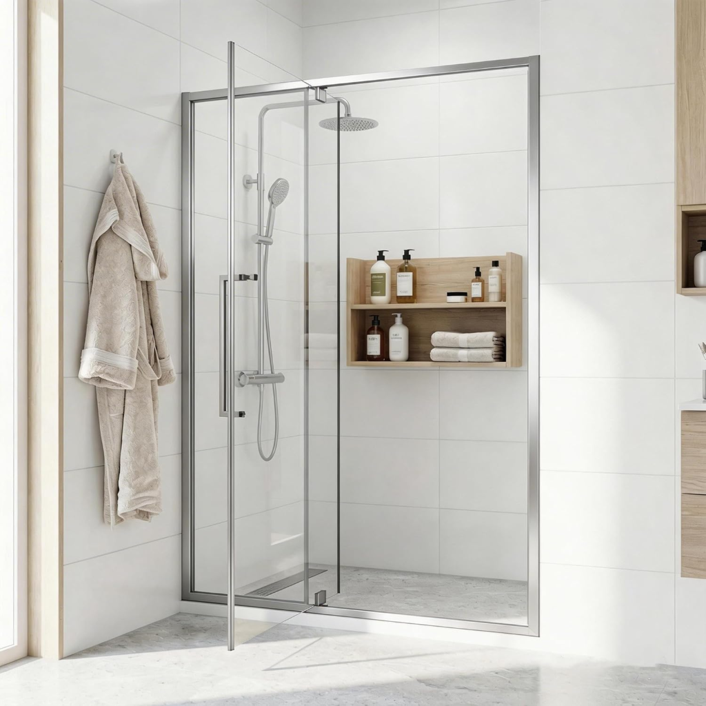 Semi-Frameless Hinged Shower Door with 1/4" Clear Tempered Glass in Brushed Silver, main product view