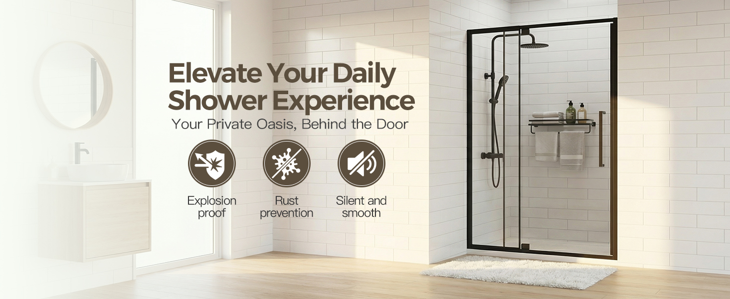 Semi-Frameless Hinged Shower Door with 1/4" Clear Tempered Glass, ARJ-J01-44-MB, detail image 1