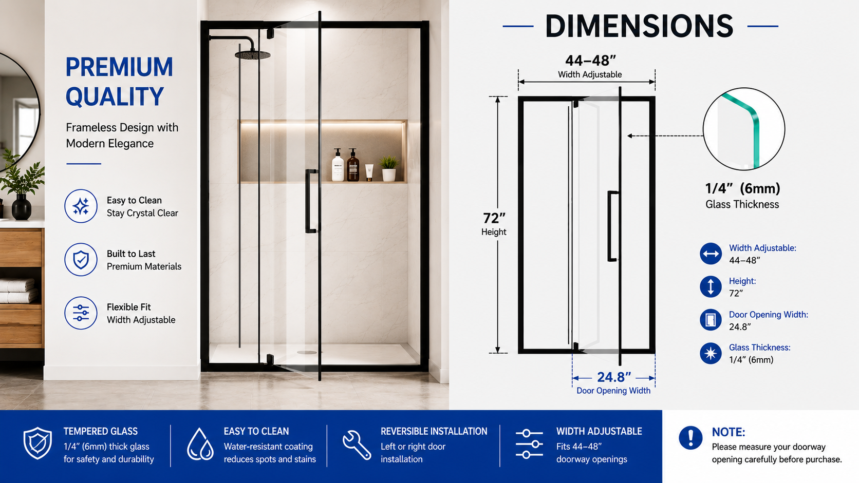 Semi-Frameless Hinged Shower Door with 1/4" Clear Tempered Glass, ARJ-J01-44-MB, detail image 15