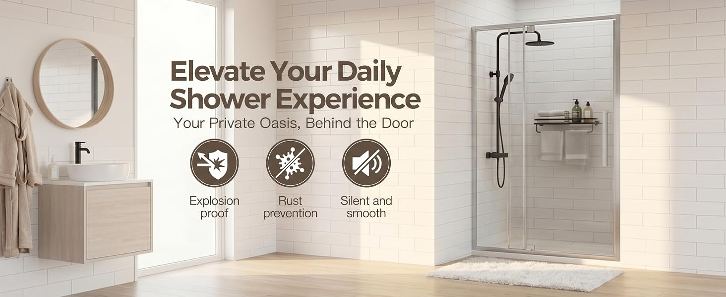 Semi-Frameless Hinged Shower Door with 1/4" Clear Tempered Glass, ARJ-J01-44-CH, detail image 1