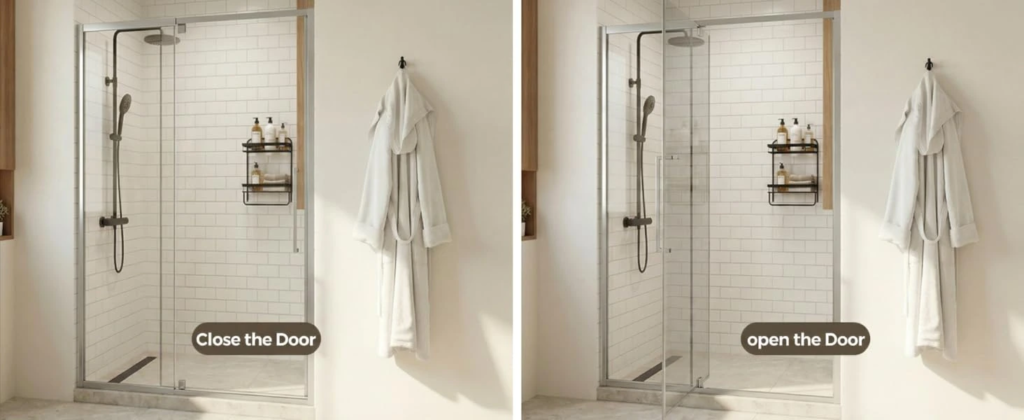 Black-framed hinged shower door shown closed and open