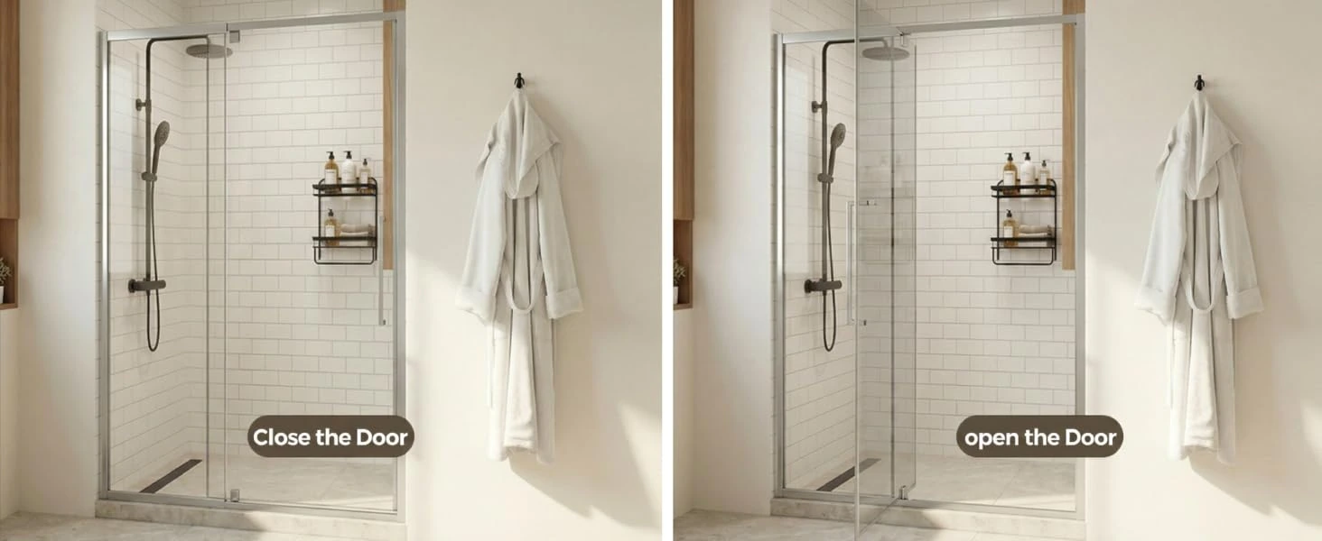 Black-framed hinged shower door shown closed and open