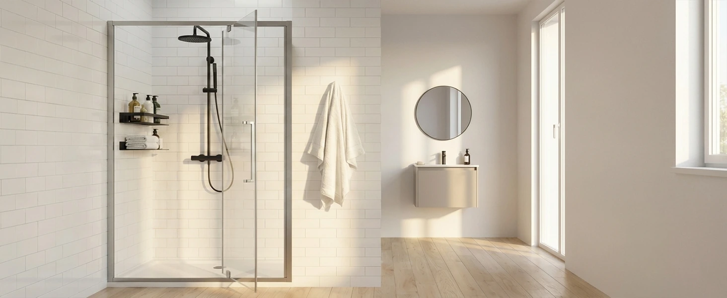 Hinged glass shower door shown in a bright finished bathroom