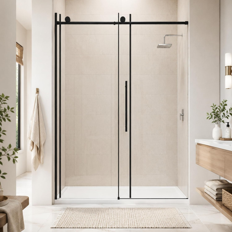 48" W x 73" H Frameless Sliding Shower Door with 5/16" Clear Tempered Glass in Matte Black, main product view