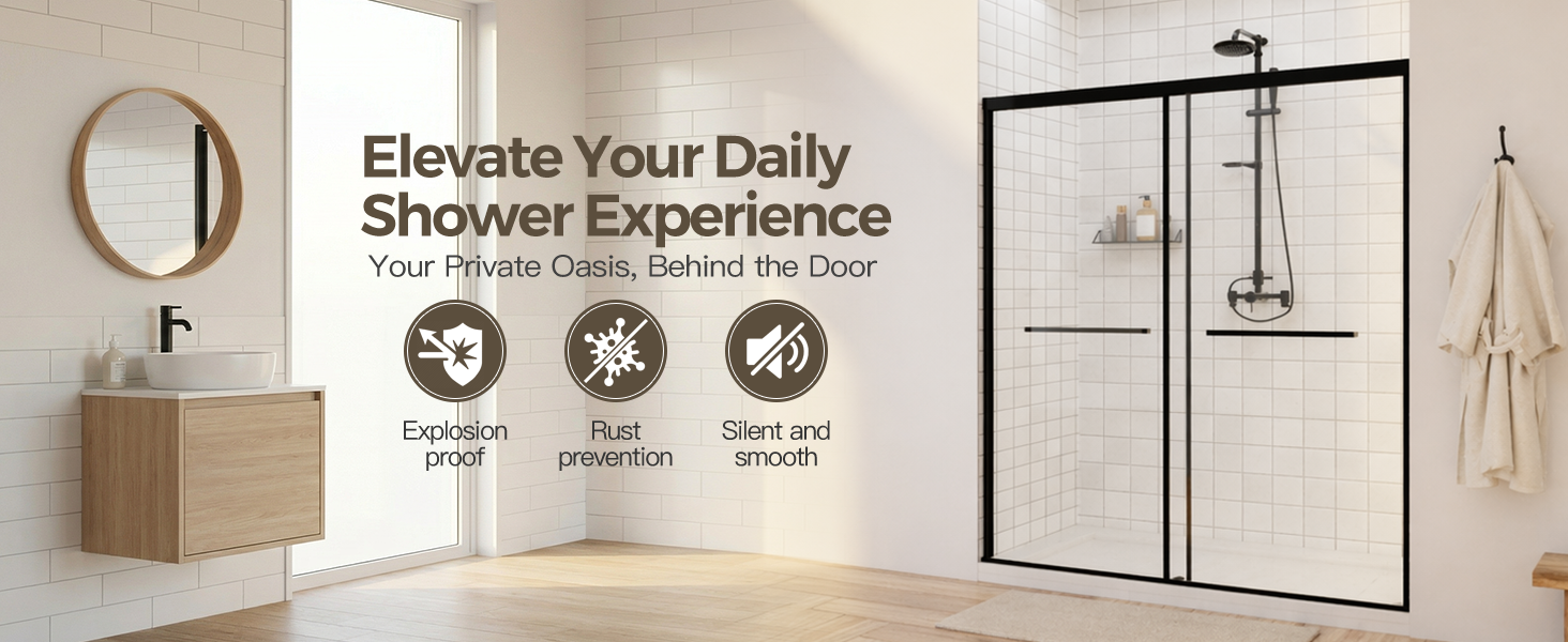 Frameless Sliding Shower Door with 5/16" Clear Tempered Glass, ARJ-S01-48-MB, detail image 1