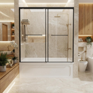 Semi-Frameless Double Sliding Bathtub Door with 1/4" Clear Tempered Glass