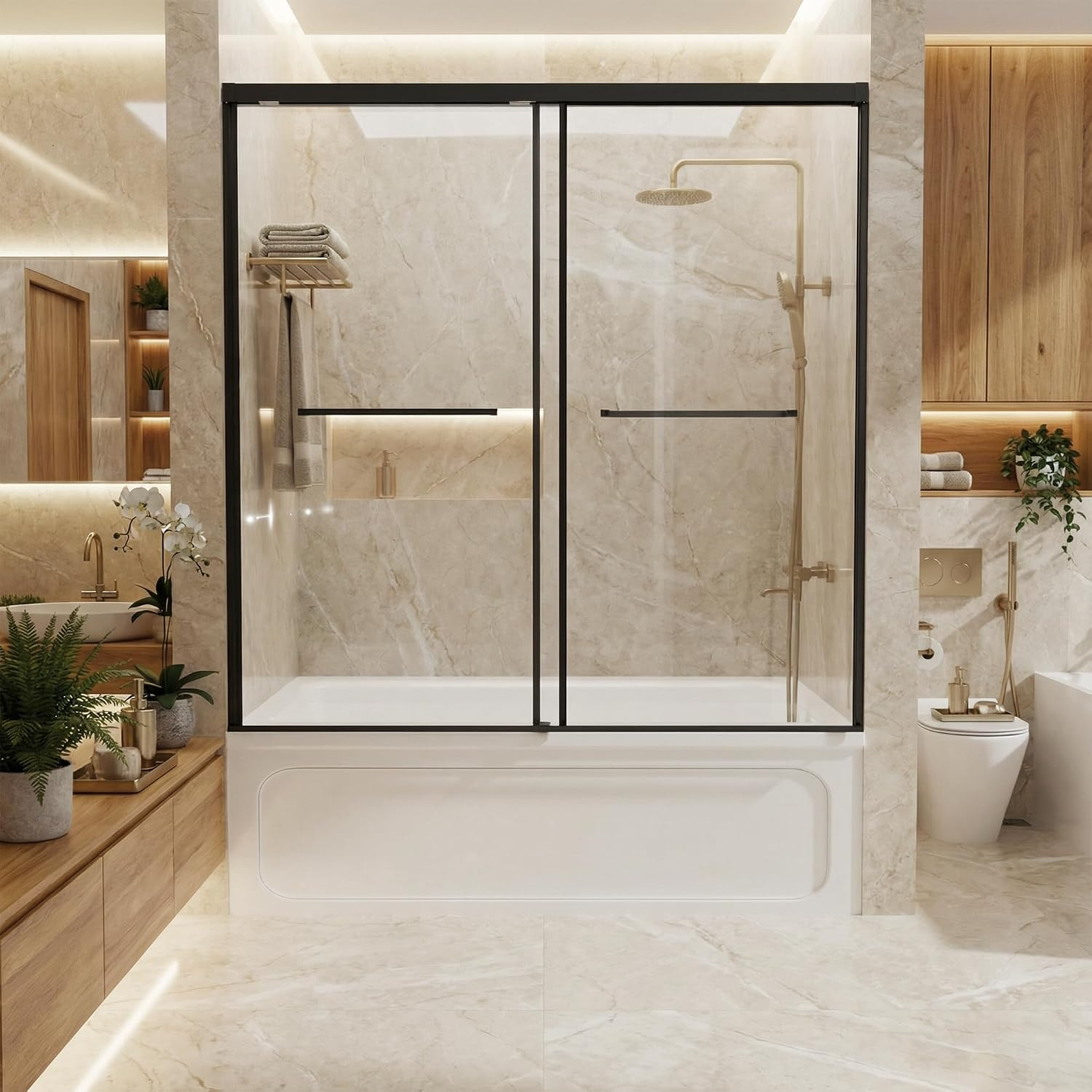 Semi-Frameless Double Sliding Bathtub Door with 1/4" Clear Tempered Glass, ARJ-S04-60-MB, gallery image 1
