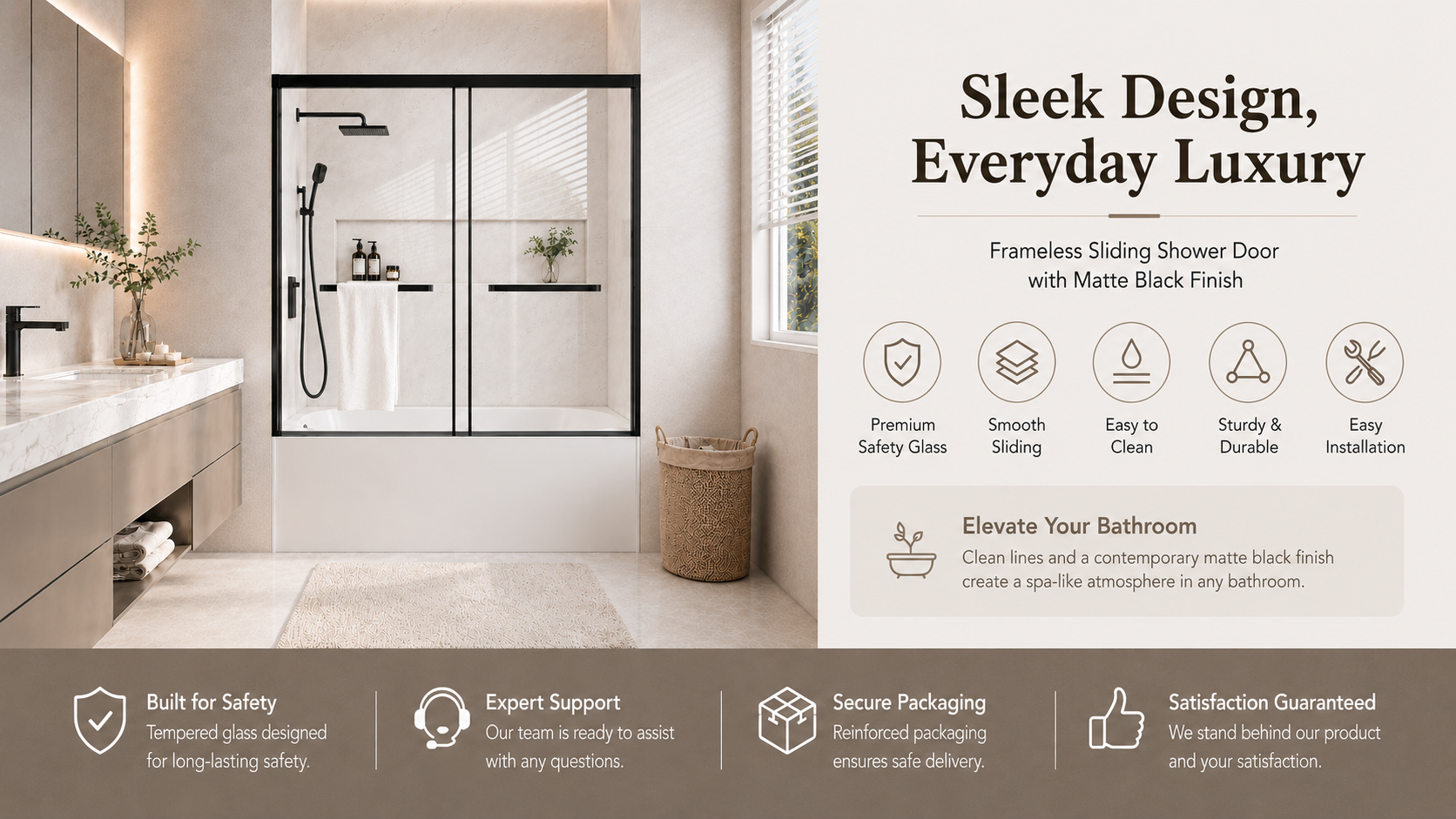 Semi-Frameless Double Sliding Bathtub Door with 1/4" Clear Tempered Glass, ARJ-S04-60-MB, detail image 2