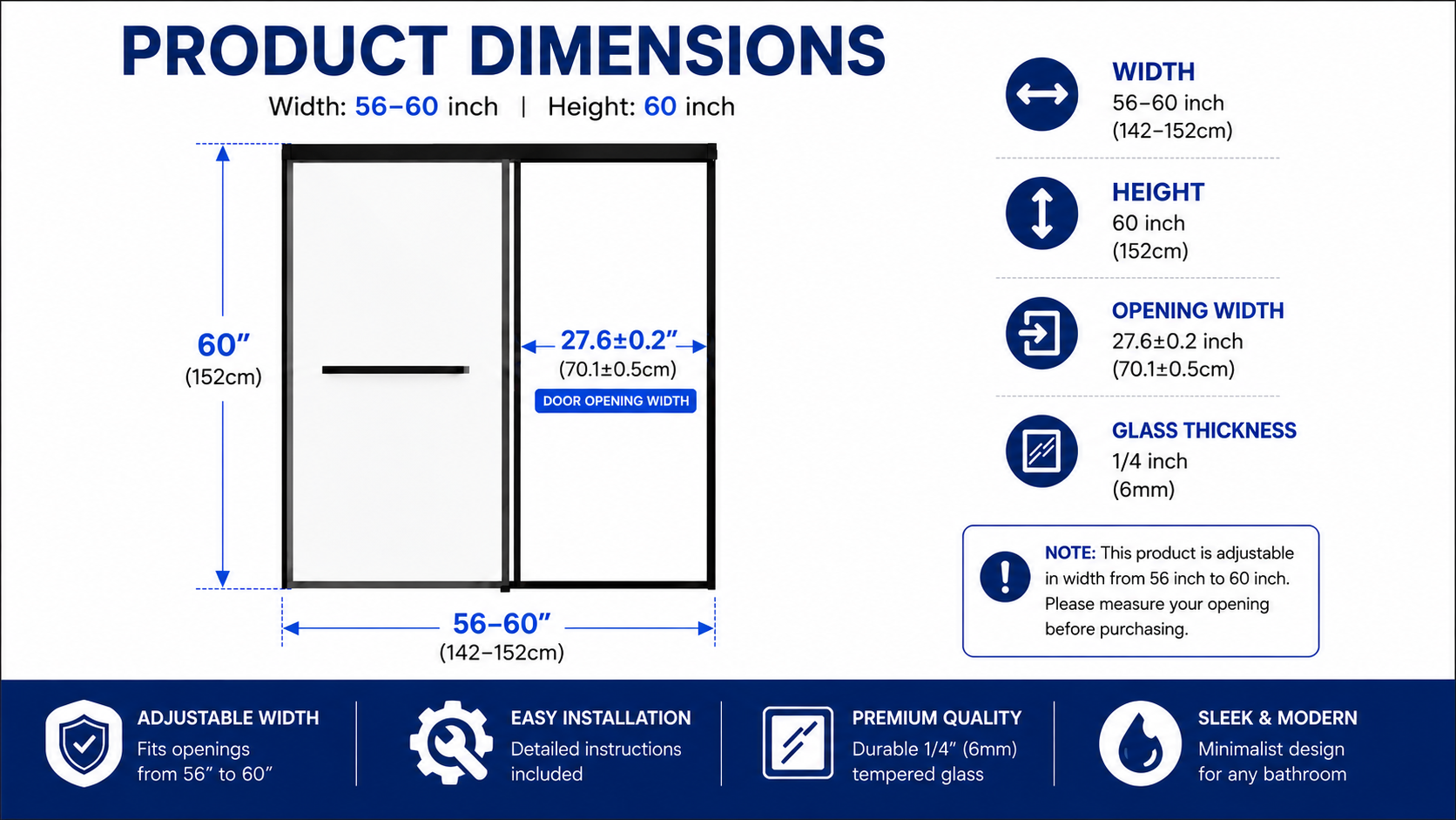 Semi-Frameless Double Sliding Bathtub Door with 1/4" Clear Tempered Glass, ARJ-S04-60-MB, detail image 3